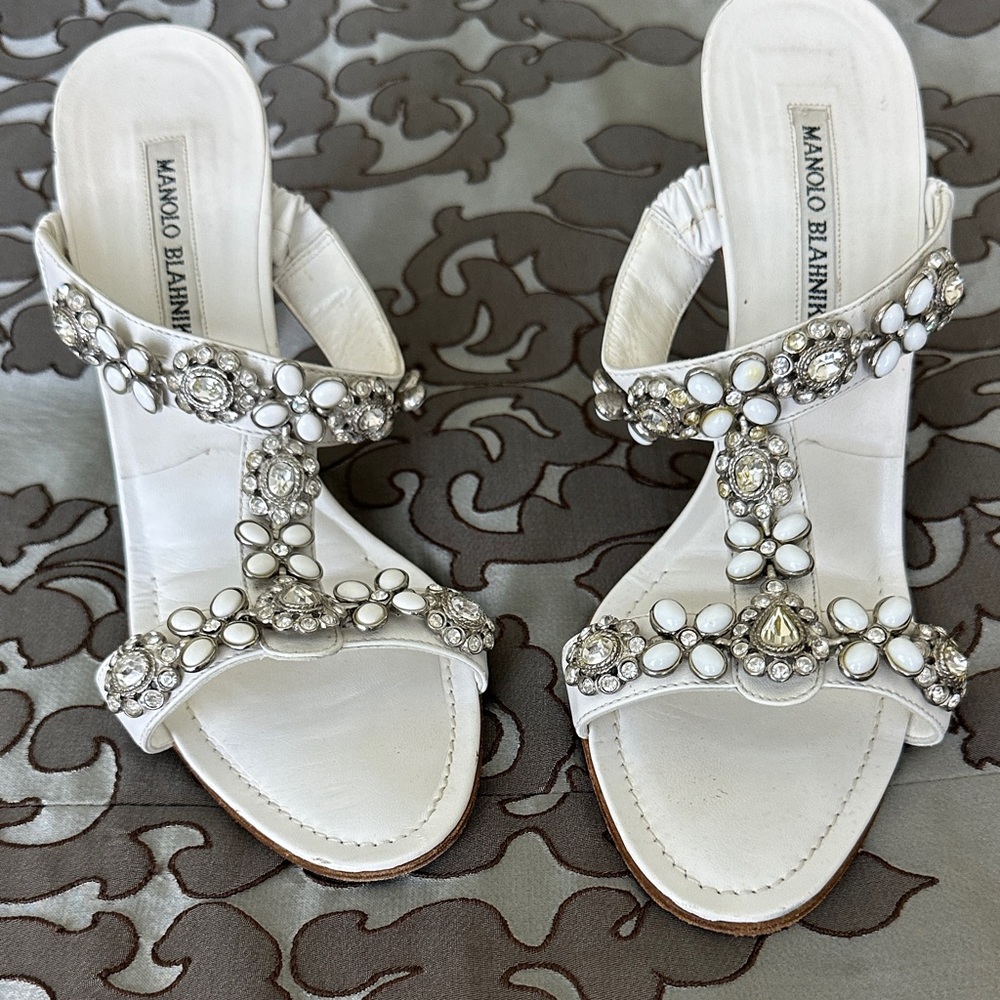 Manolo Blahnik White Crystal Embellished Heels